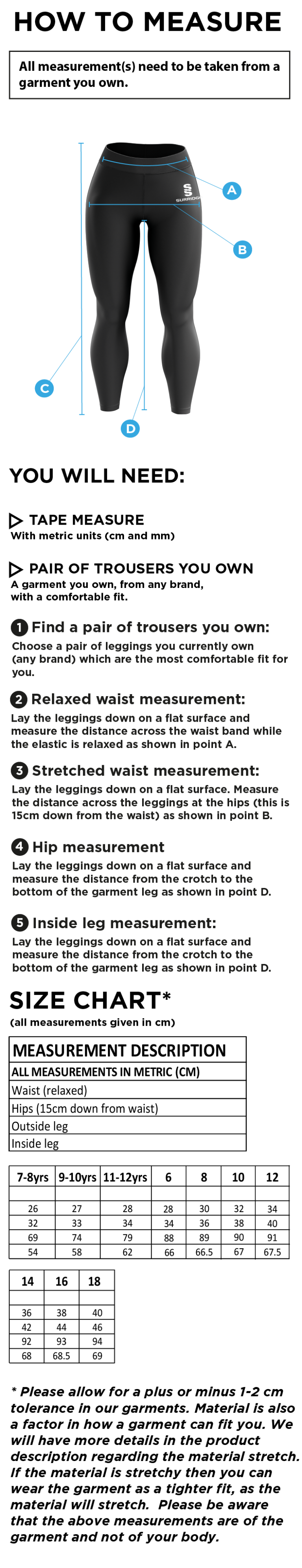 Coloured Playing Leggings - Size Guide