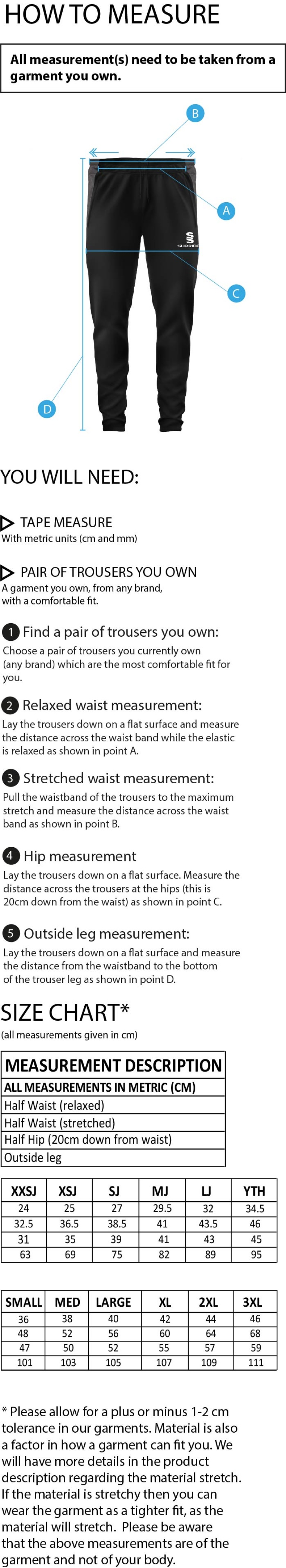 Coloured Playing Trousers - Size Guide