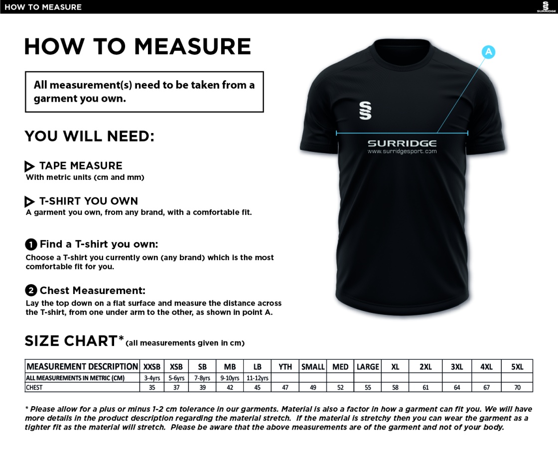 Under 11 & 13s BOYS - Coloured Playing Shirt - Size Guide