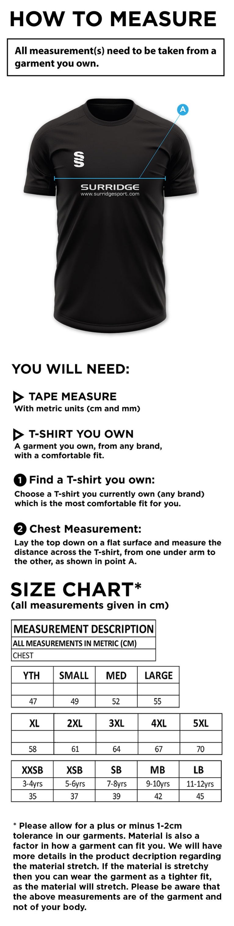 Under 11 & 13s BOYS - Coloured Playing Shirt - Size Guide