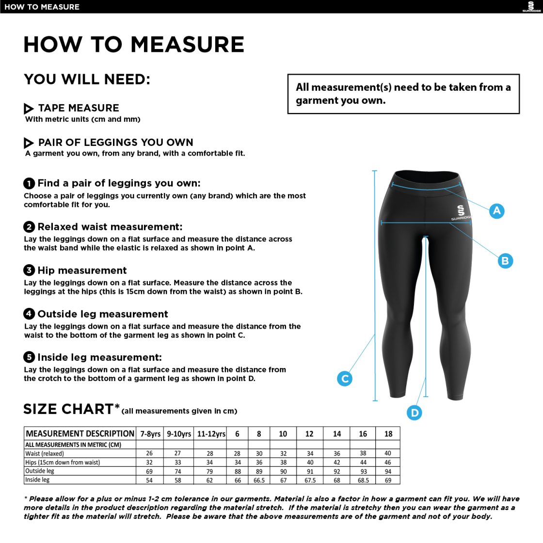 Coloured Playing Leggings - Size Guide