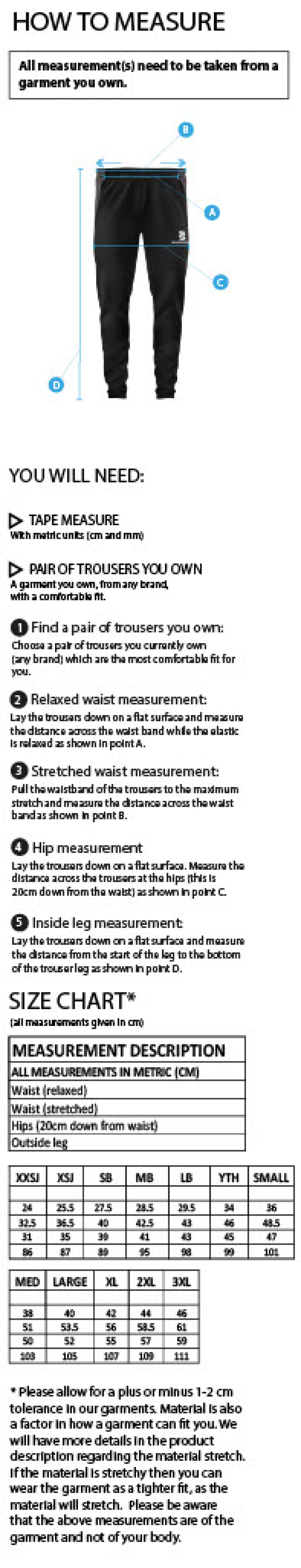 Coloured Playing Trousers - Size Guide