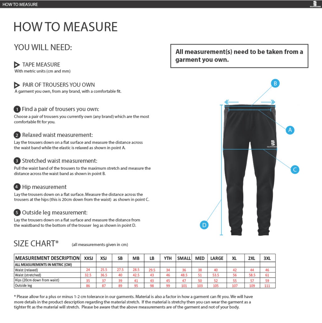 Coloured Playing Trousers - Size Guide